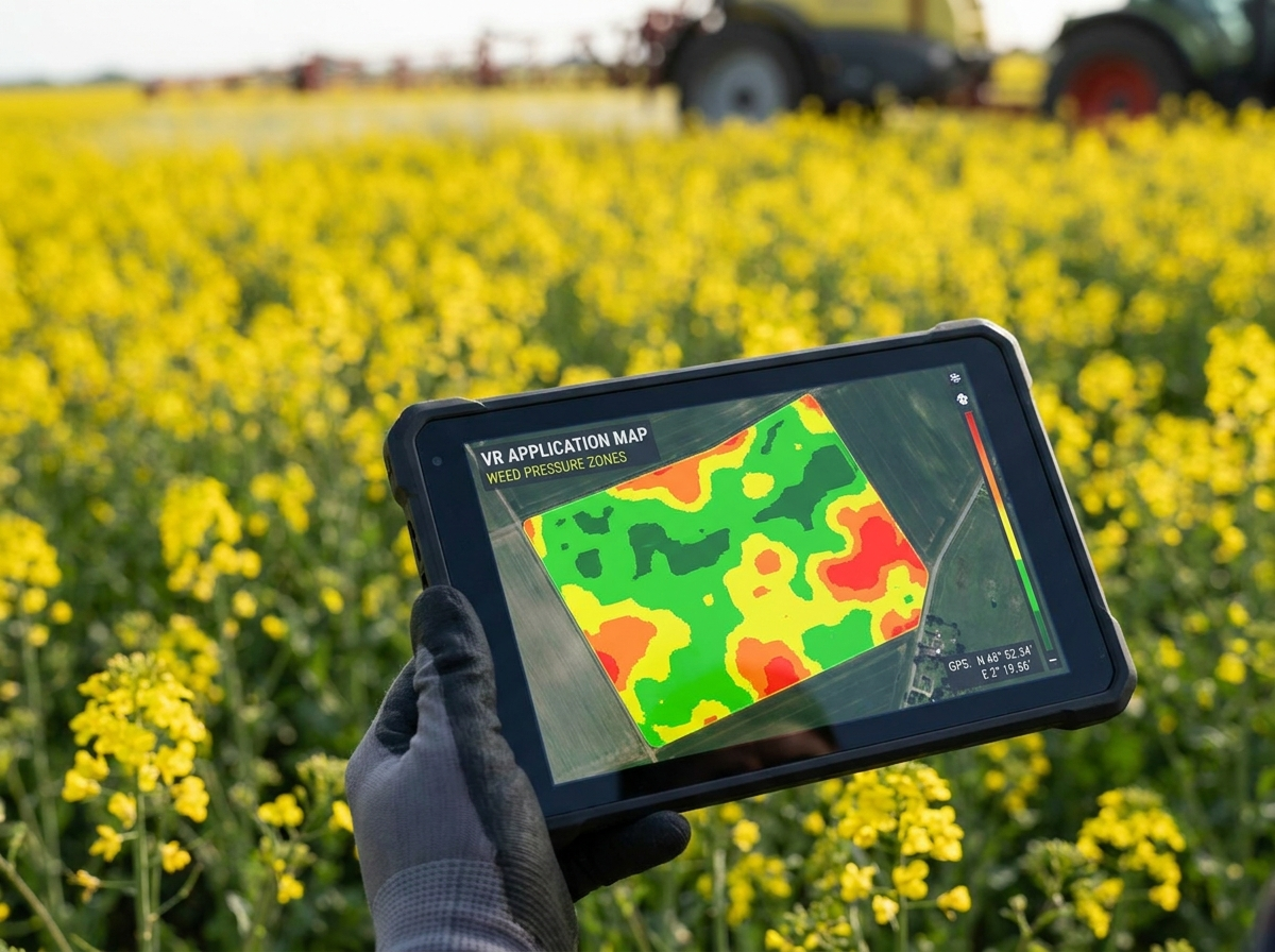 Aplikační mapa zobrazená na tabletu v řepkovém poli — variabilní dávkování vstupů